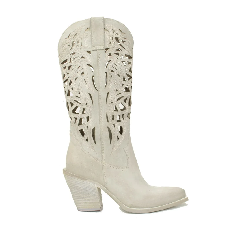 Stivali Texani Estivi Traforati Scamosciati Vintage Offwhite