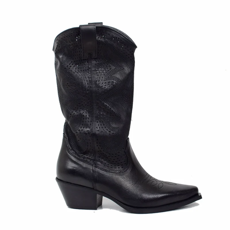 Stivali Texani Traforati in Pelle Neri con Zip Made in Italy