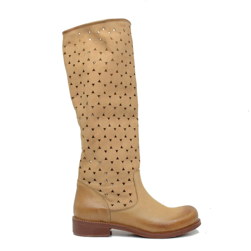 Stivali Donna Estivi in Pelle Traforata Cuoio Made in Italy