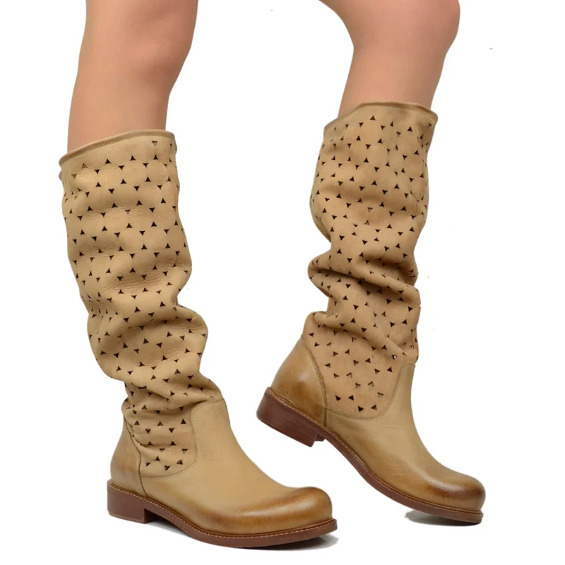 Stivali Donna Estivi in Pelle Traforata Cuoio Made in Italy