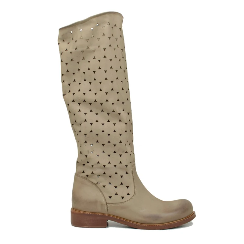 Stivali Donna Estivi in Pelle Traforata Taupe Vintage Sfumata