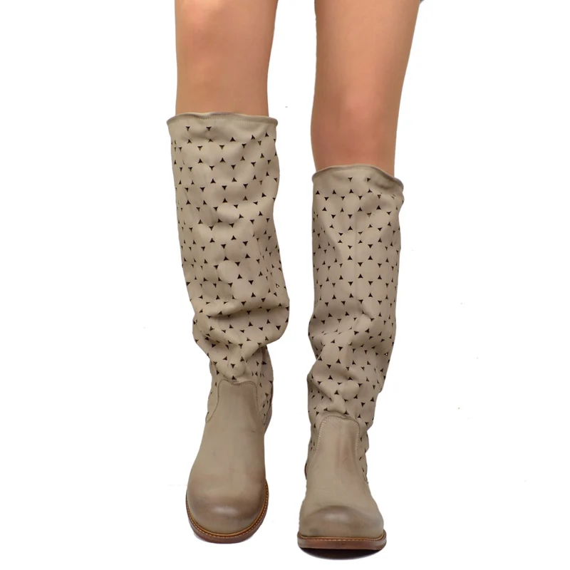 Stivali Donna Estivi in Pelle Traforata Taupe Vintage Sfumata