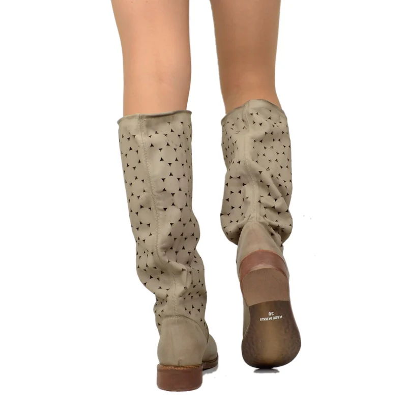 Stivali Donna Estivi in Pelle Traforata Taupe Vintage Sfumata