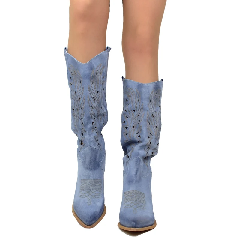 Stivali Texani Traforati Estivi in Pelle Scamosciata Jeans