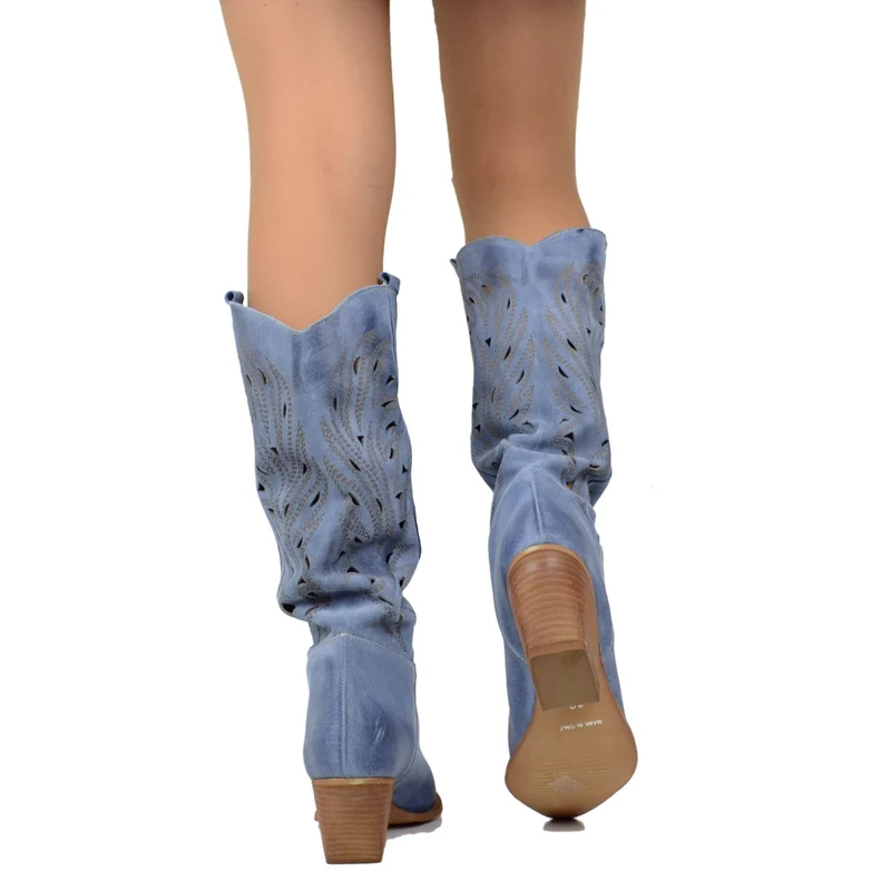 Stivali Texani Traforati Estivi in Pelle Scamosciata Jeans