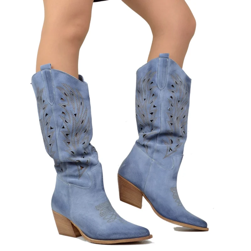 Stivali Texani Traforati Estivi in Pelle Scamosciata Jeans