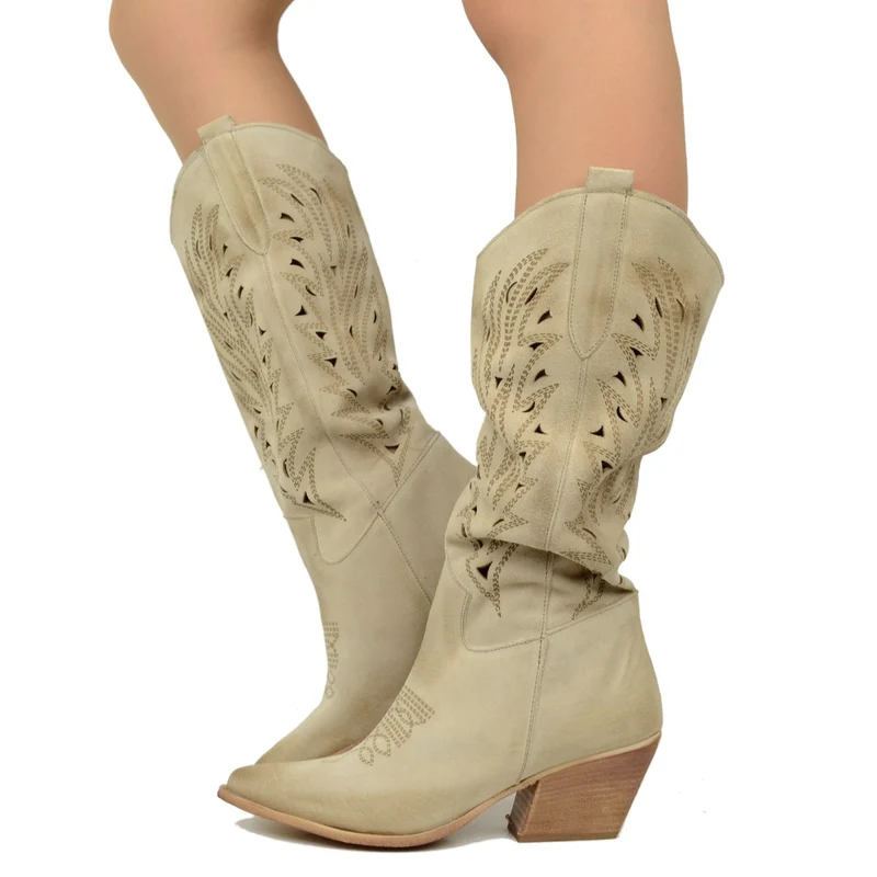 Stivali Texani Traforati Estivi in Pelle Scamosciata Beige