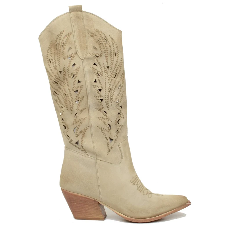 Stivali Texani Traforati Estivi in Pelle Scamosciata Beige