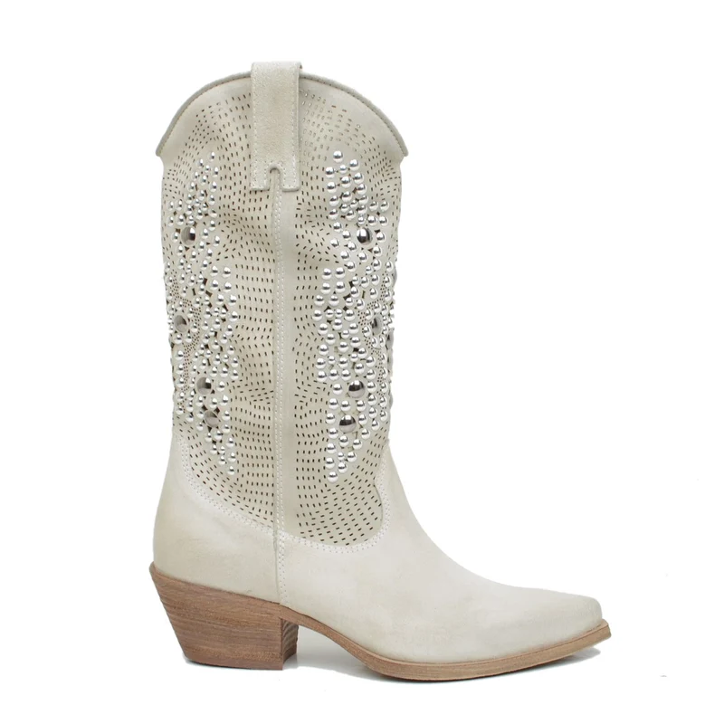 Stivali Texani Traforati Offwhite in Pelle Scamosciata con Borchie