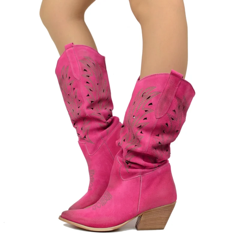 Stivali Texani Traforati in Pelle Scamosciata Fuxia Made in Italy