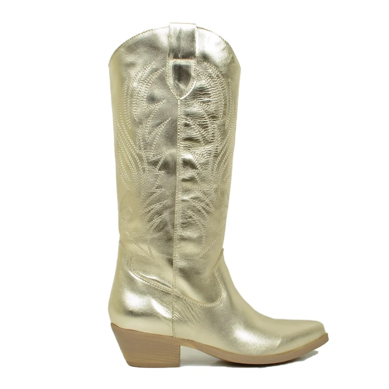 Stivali Donna Texani color Platino con Ricami Made in Italy