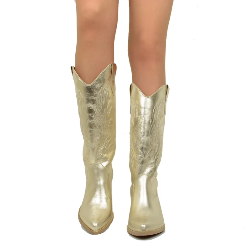 Stivali Donna Texani color Platino con Ricami Made in Italy