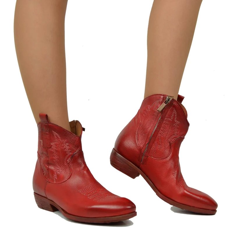 Stivaletti Texani Donna in Pelle Rossa Made in Italy