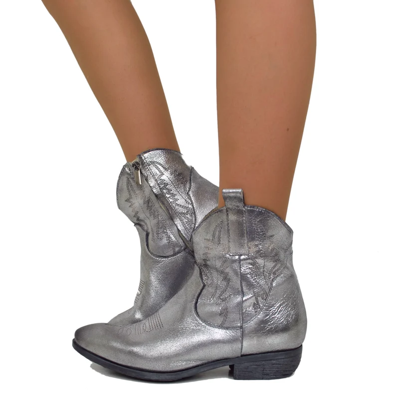 Stivaletti Texani Donna in Pelle Laminata Argento Made in Italy