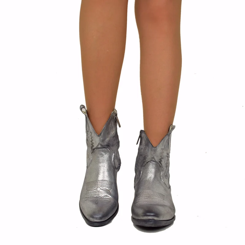 Stivaletti Texani Donna in Pelle Laminata Argento Made in Italy