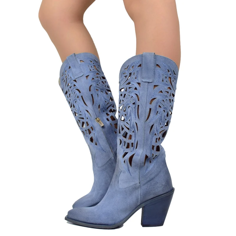 Stivali Texani Traforati a Gabbia in Pelle Scamosciata Vintage Blu