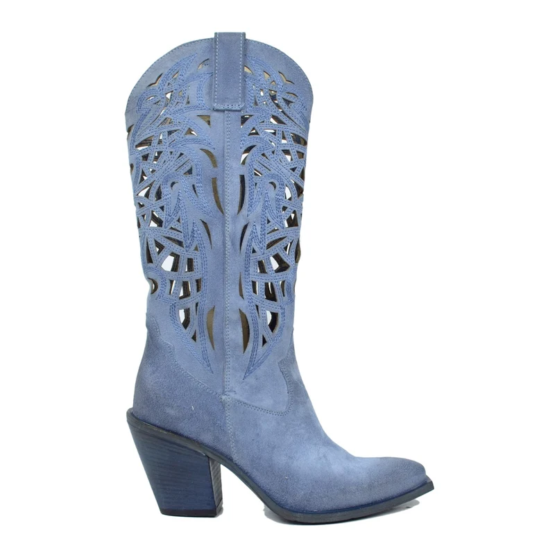 Stivali Texani Traforati a Gabbia in Pelle Scamosciata Vintage Blu