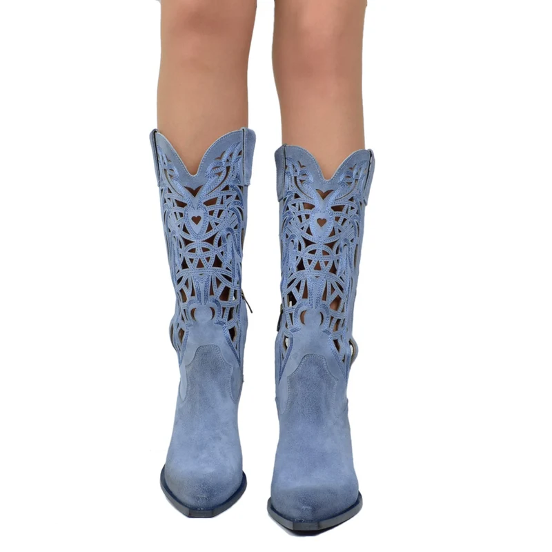 Stivali Texani Traforati a Gabbia in Pelle Scamosciata Vintage Blu
