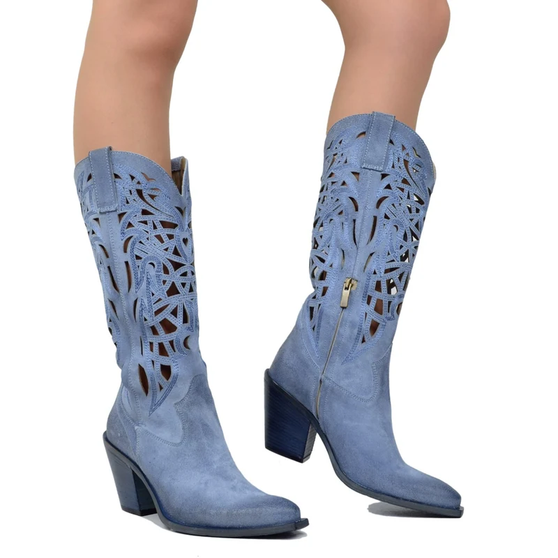 Stivali Texani Traforati a Gabbia in Pelle Scamosciata Vintage Blu