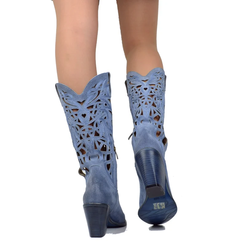 Stivali Texani Traforati a Gabbia in Pelle Scamosciata Vintage Blu