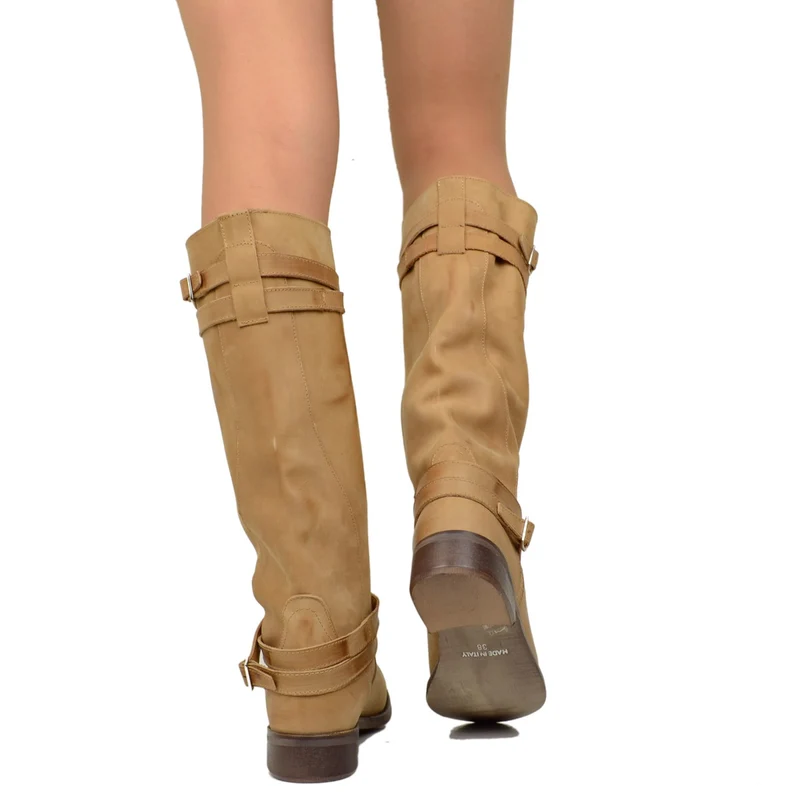 Stivali Donna Camperos Alti in Pelle Vintage Sfumata Marroni
