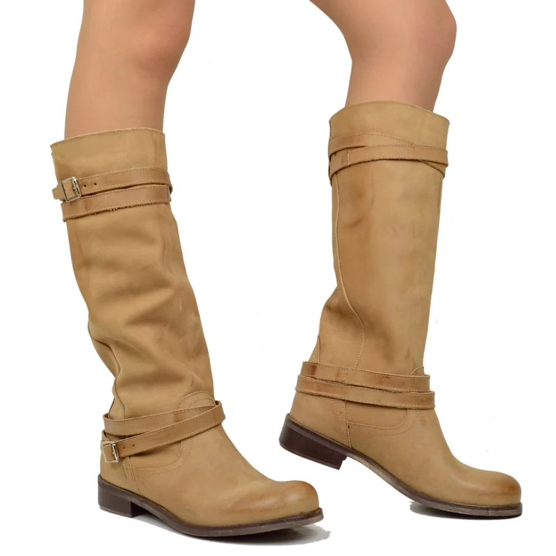 Stivali Donna Camperos Alti in Pelle Vintage Sfumata Marroni
