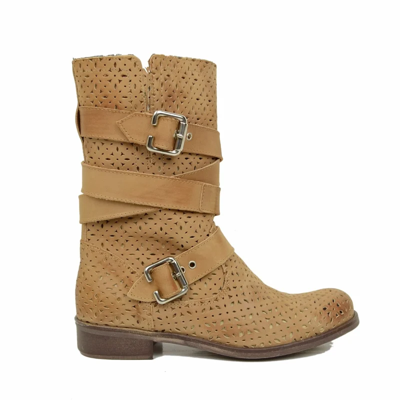 Stivali Donna Biker Traforati in Pelle Nabuk Marroni Made in Italy