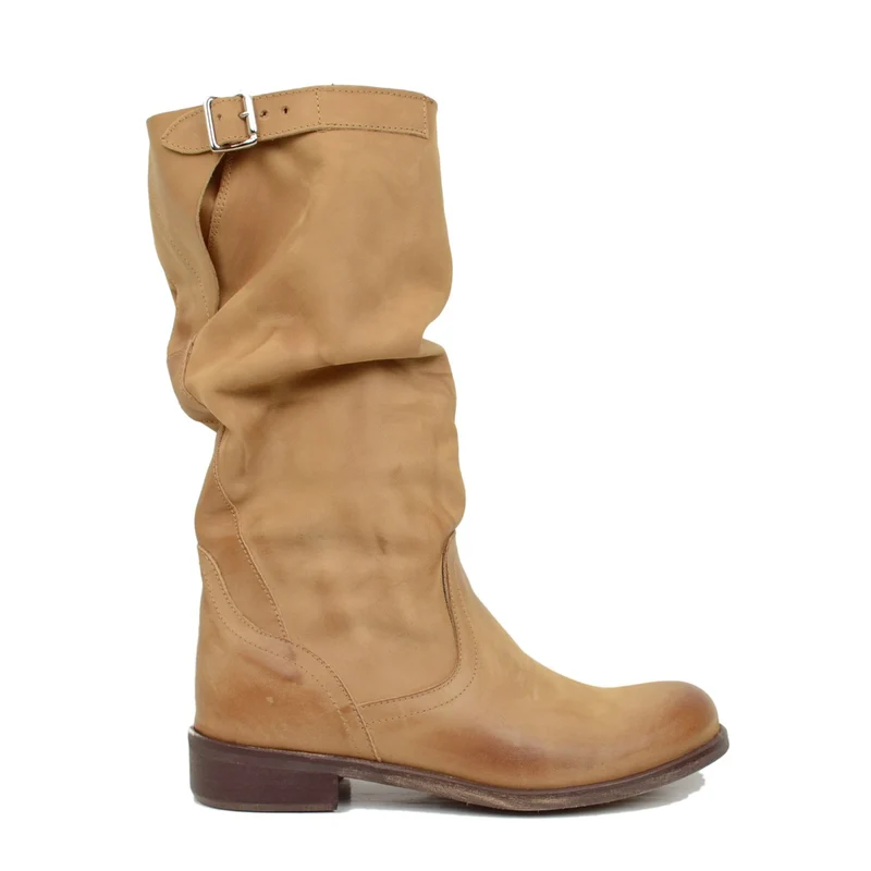 Stivali Biker Boots a Metà Polpaccio in Pelle Vintage Terra