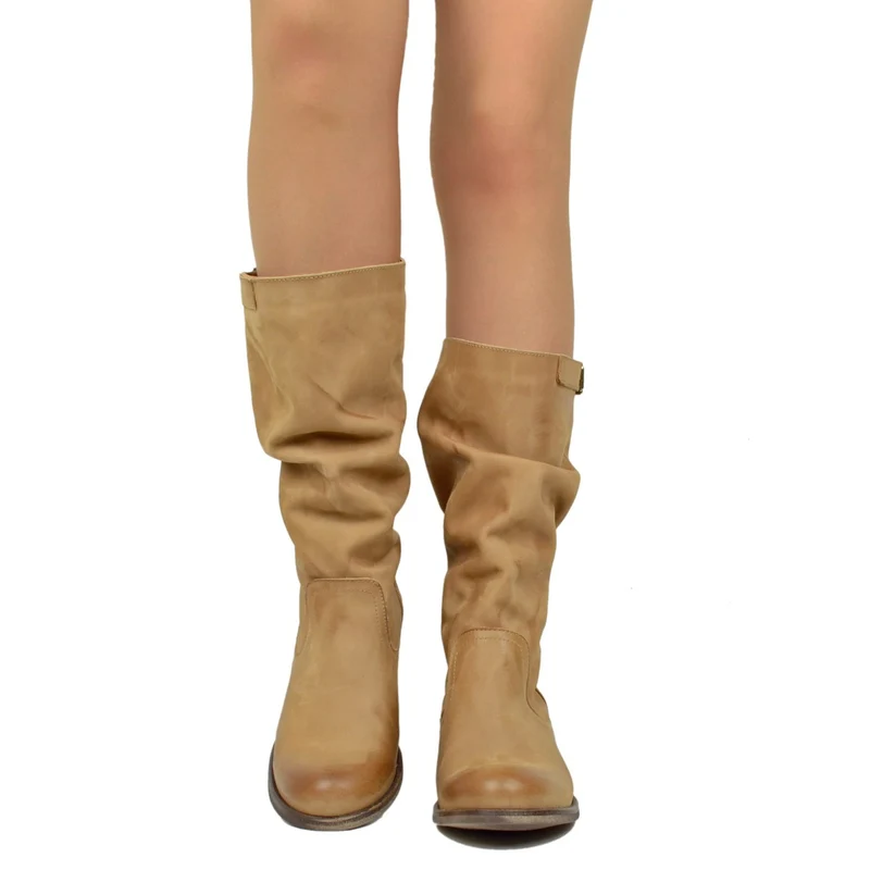 Stivali Biker Boots a Metà Polpaccio in Pelle Vintage Terra