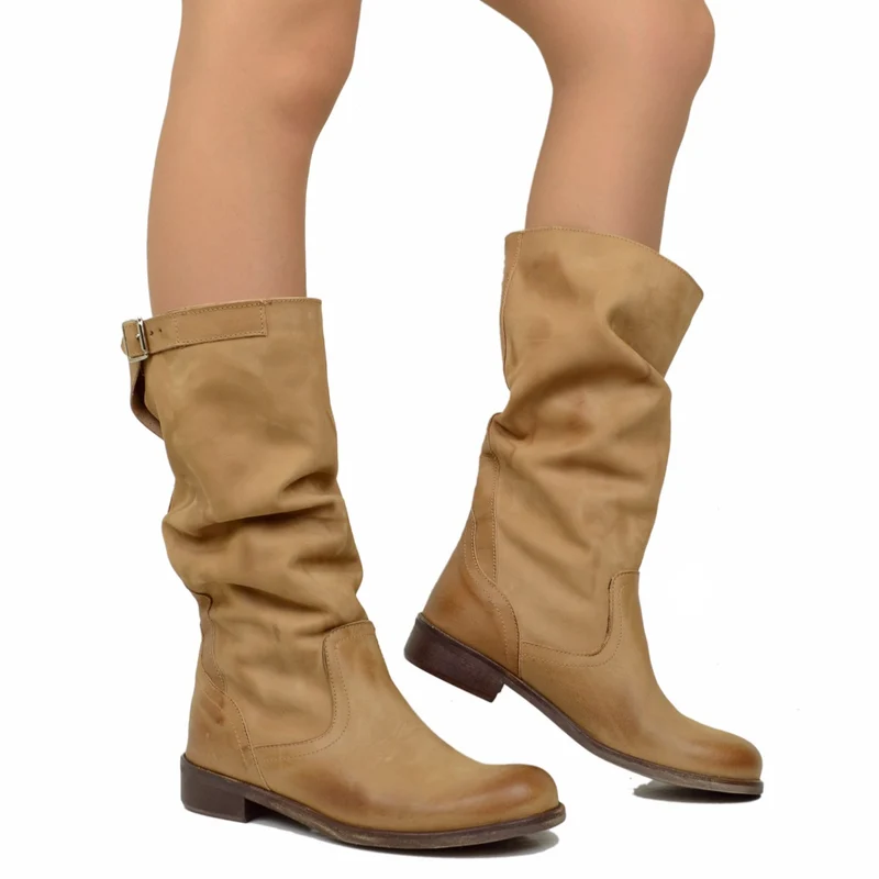 Stivali Biker Boots a Metà Polpaccio in Pelle Vintage Terra