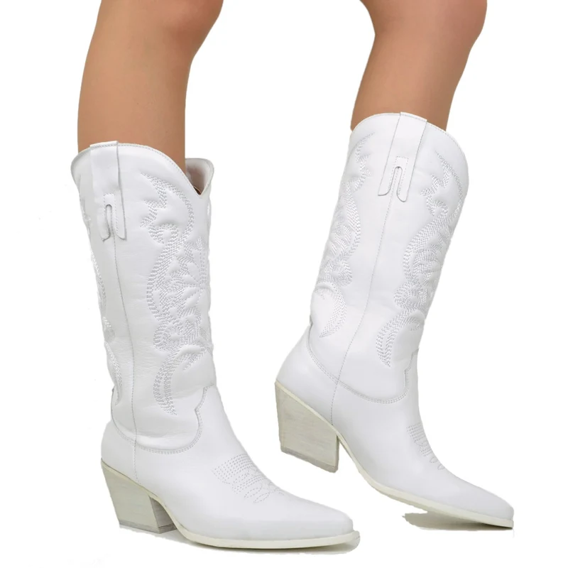 Stivali Donna Texani Bianchi in Pelle con Ricami Made in Italy