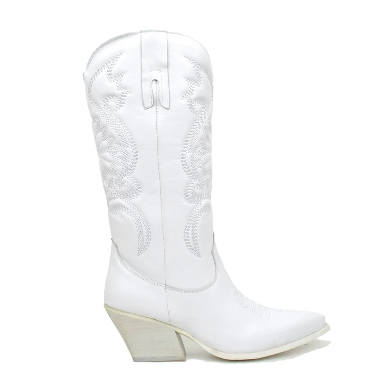 Stivali Donna Texani Bianchi in Pelle con Ricami Made in Italy