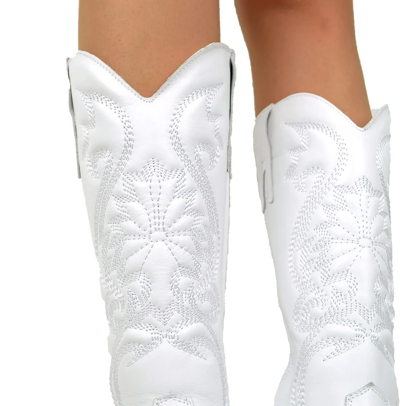 Stivali Donna Texani Bianchi in Pelle con Ricami Made in Italy
