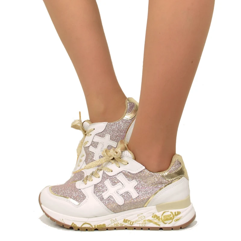 Sneakers Donna in Pelle Bianca con Glitter Rosa Made in Italy