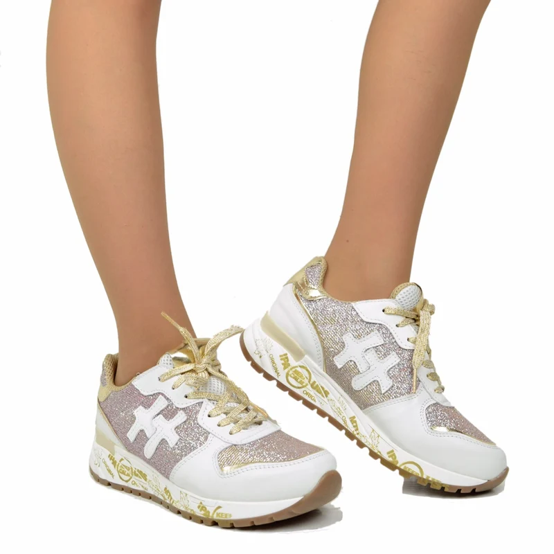 Sneakers Donna in Pelle Bianca con Glitter Rosa Made in Italy
