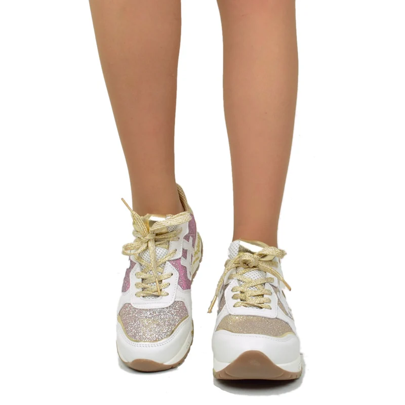 Sneakers Donna in Pelle Bianca con Glitter Rosa Made in Italy