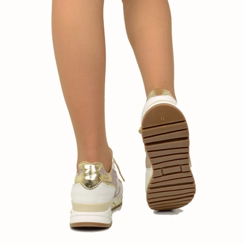 Sneakers Donna in Pelle Bianca con Glitter Rosa Made in Italy