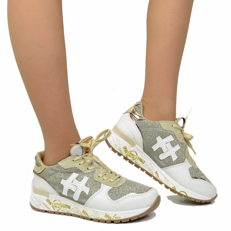Sneakers Donna in Pelle Bianca con Glitter Platino Made in Italy