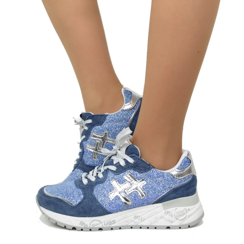 Sneakers Donna Blu Jeans con Glitter e Pelle in Camoscio Made in Italy
