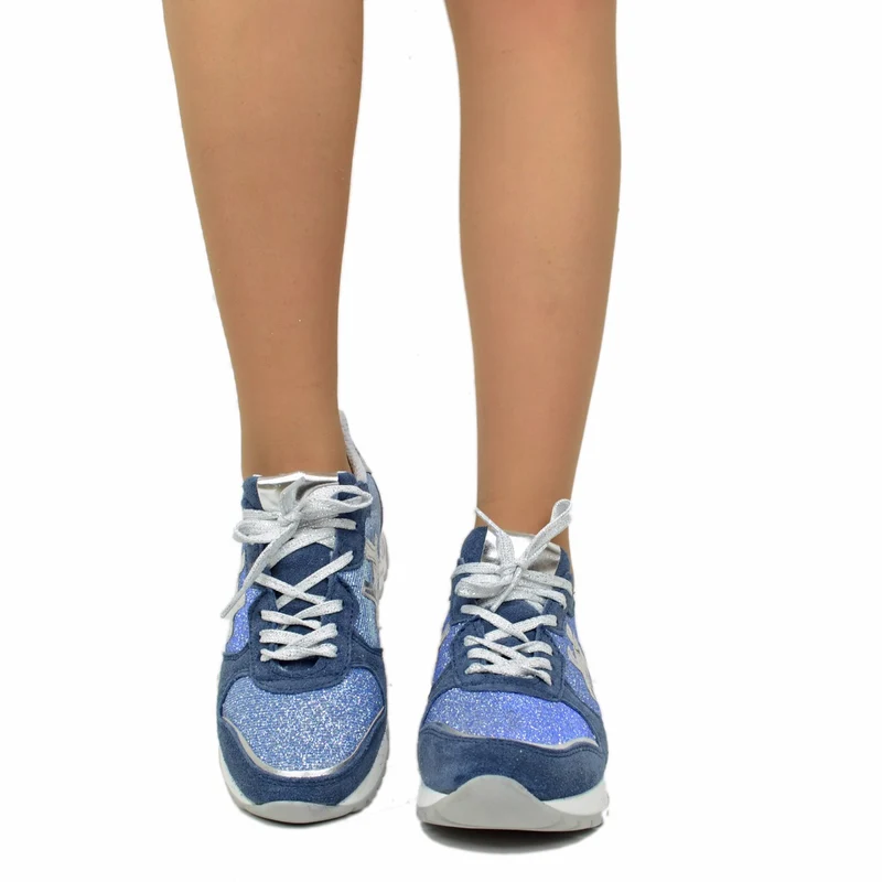 Sneakers Donna Blu Jeans con Glitter e Pelle in Camoscio Made in Italy