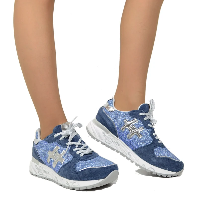 Sneakers Donna Blu Jeans con Glitter e Pelle in Camoscio Made in Italy