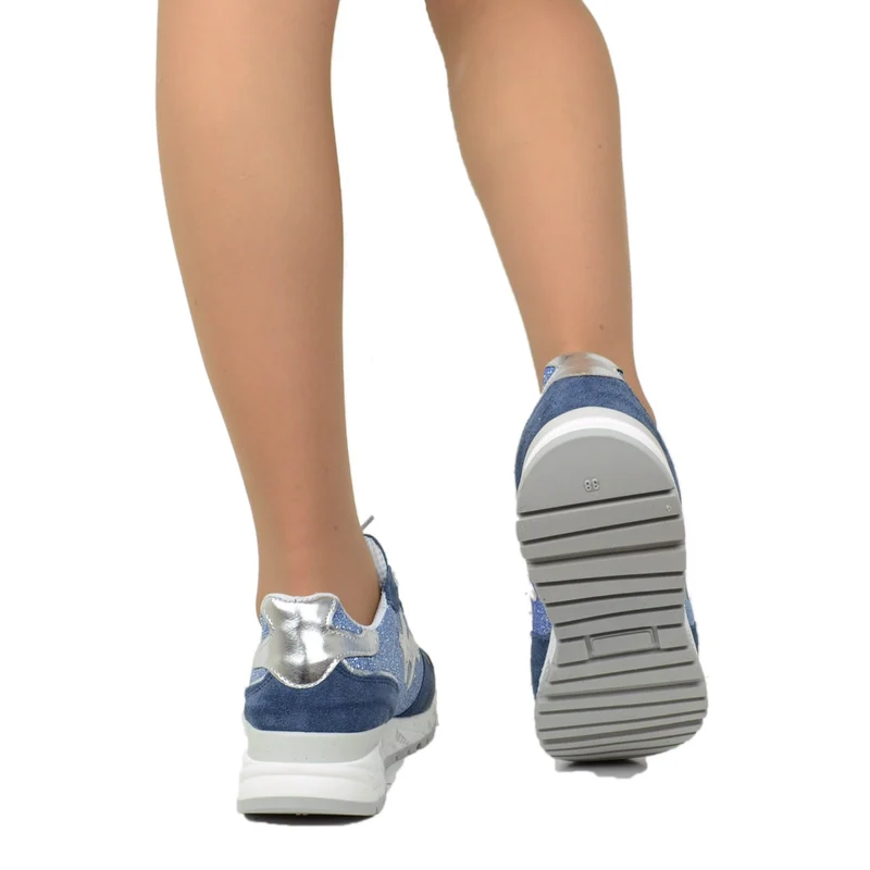 Sneakers Donna Blu Jeans con Glitter e Pelle in Camoscio Made in Italy