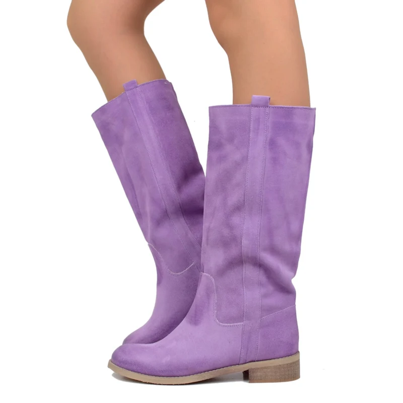 Stivali Donna Camperos in Pelle Scamosciata Lilla Made in Italy