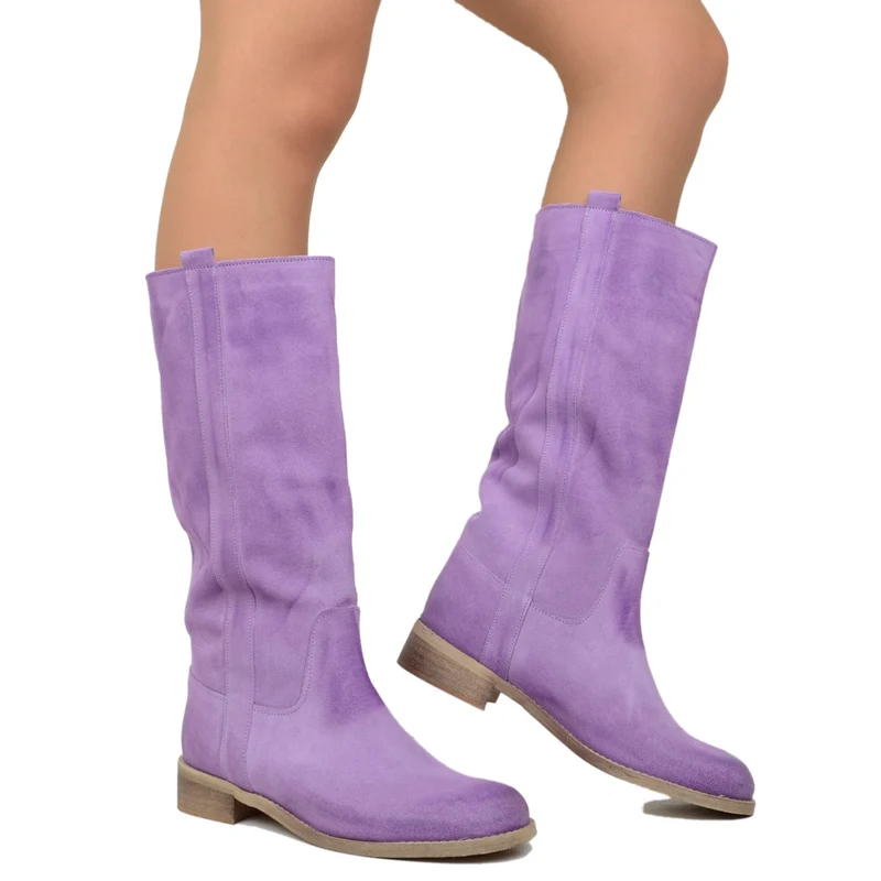 Stivali Donna Camperos in Pelle Scamosciata Lilla Made in Italy