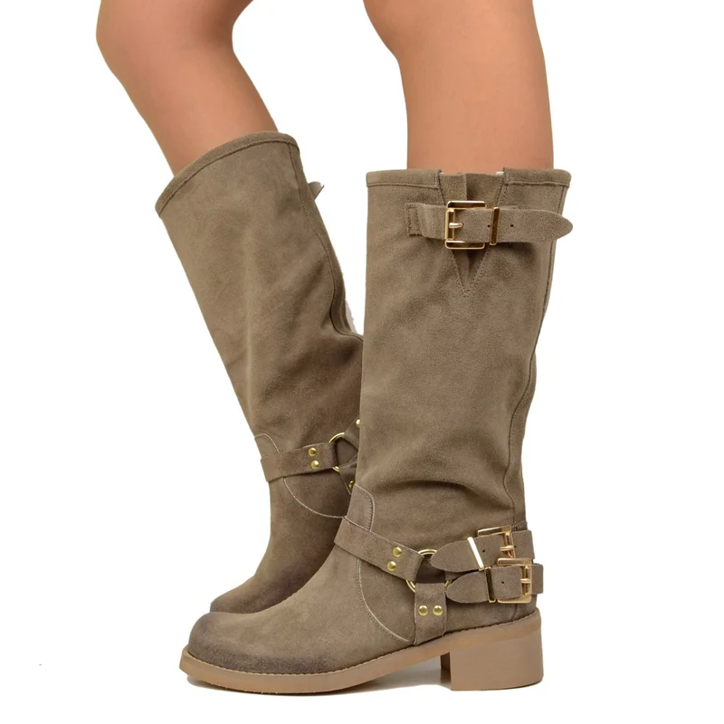 Stivali Donna in Pelle Scamosciata Taupe con Punta Squadrata
