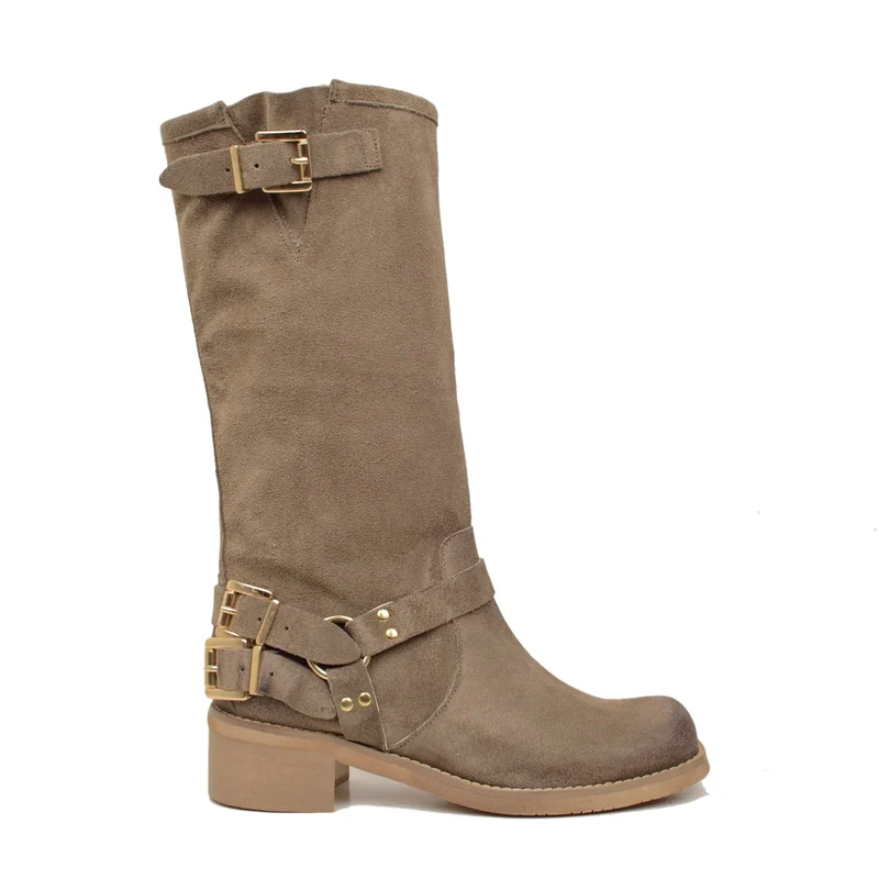 Stivali Donna in Pelle Scamosciata Taupe con Punta Squadrata