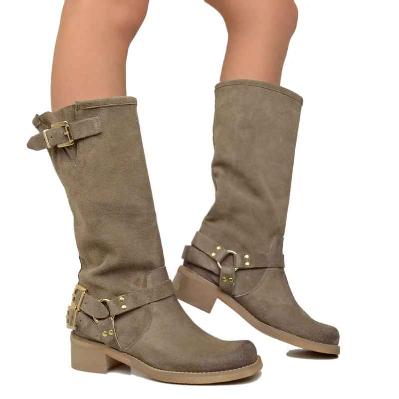 Stivali Donna in Pelle Scamosciata Taupe con Punta Squadrata