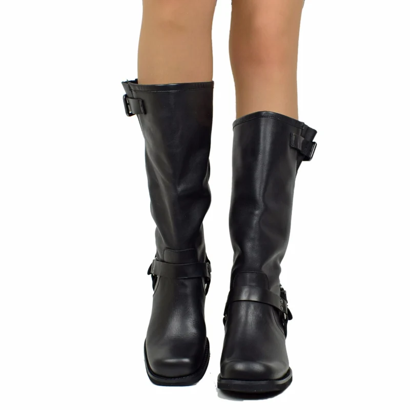 Stivali Donna in Pelle Neri con Punta Squadrata Made in Italy