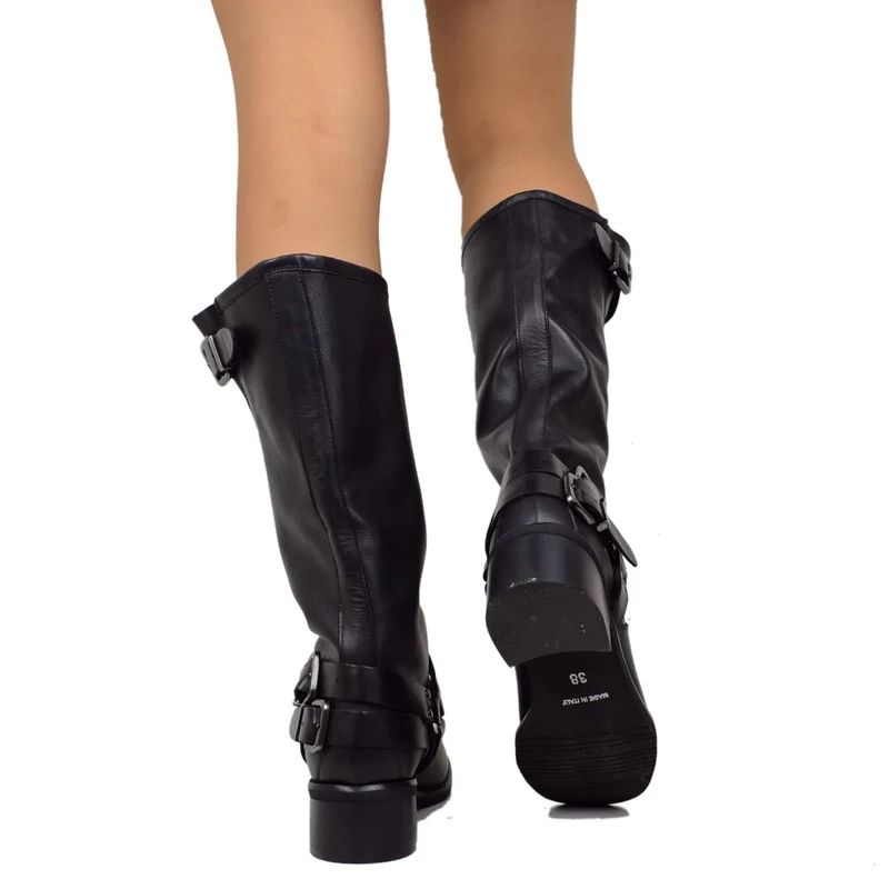 Stivali Donna in Pelle Neri con Punta Squadrata Made in Italy