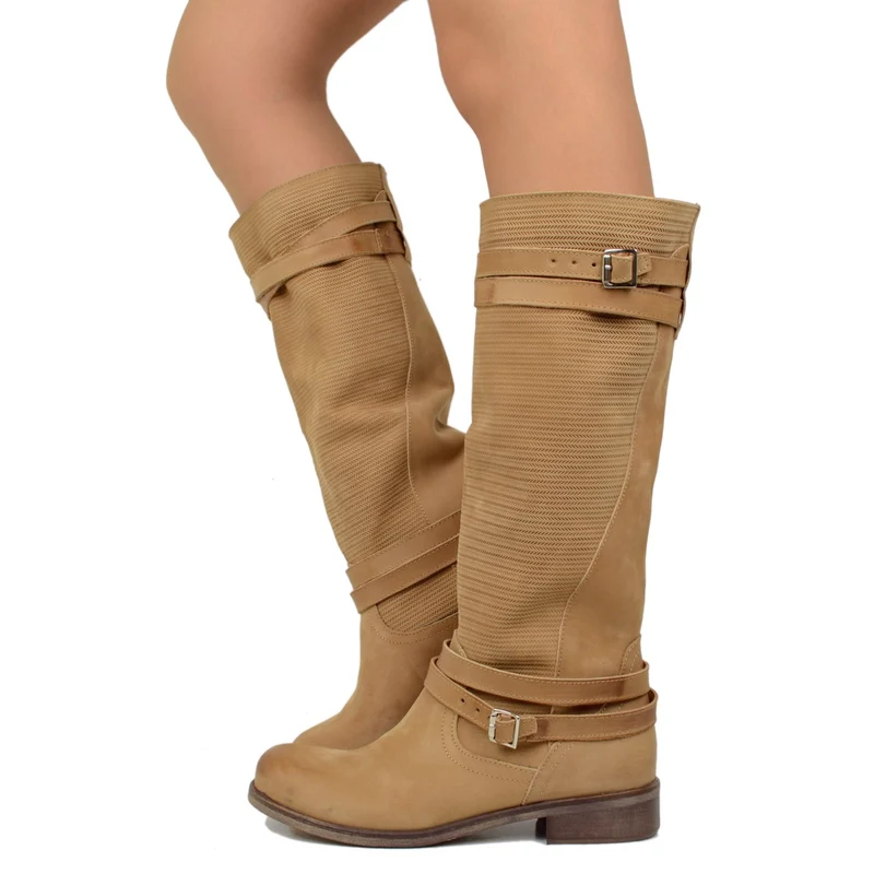 Stivali Estivi Donna in Pelle Nabuk Vintage Zigrinati Terra